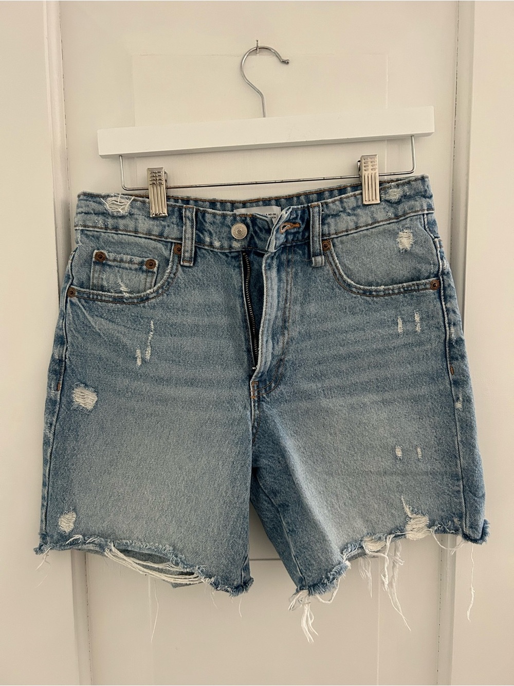 Zara High Waisted Classic Light Blue Distressed Mid Length Shorts